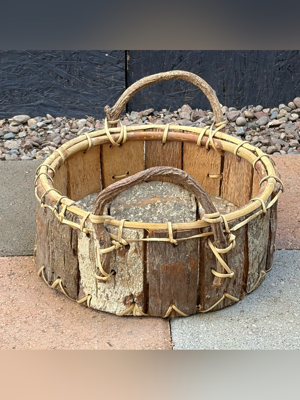 Primitive Wood & Bark Handmade Rustic Round Gathering Basket Vintage VTG Country - Picture 3 of 10